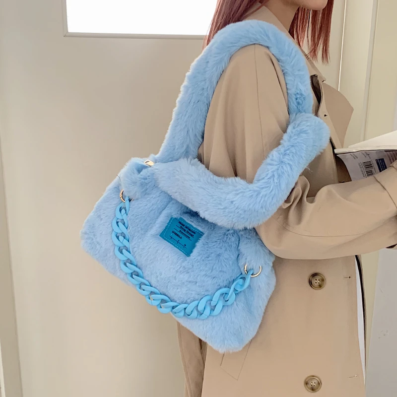 Candy Color Plush Tote Bags For Women Winter Chain Fluffy Messenger Bag Furry Luxury Designer Handbag Y2K Faux Fur Shoulder Bag