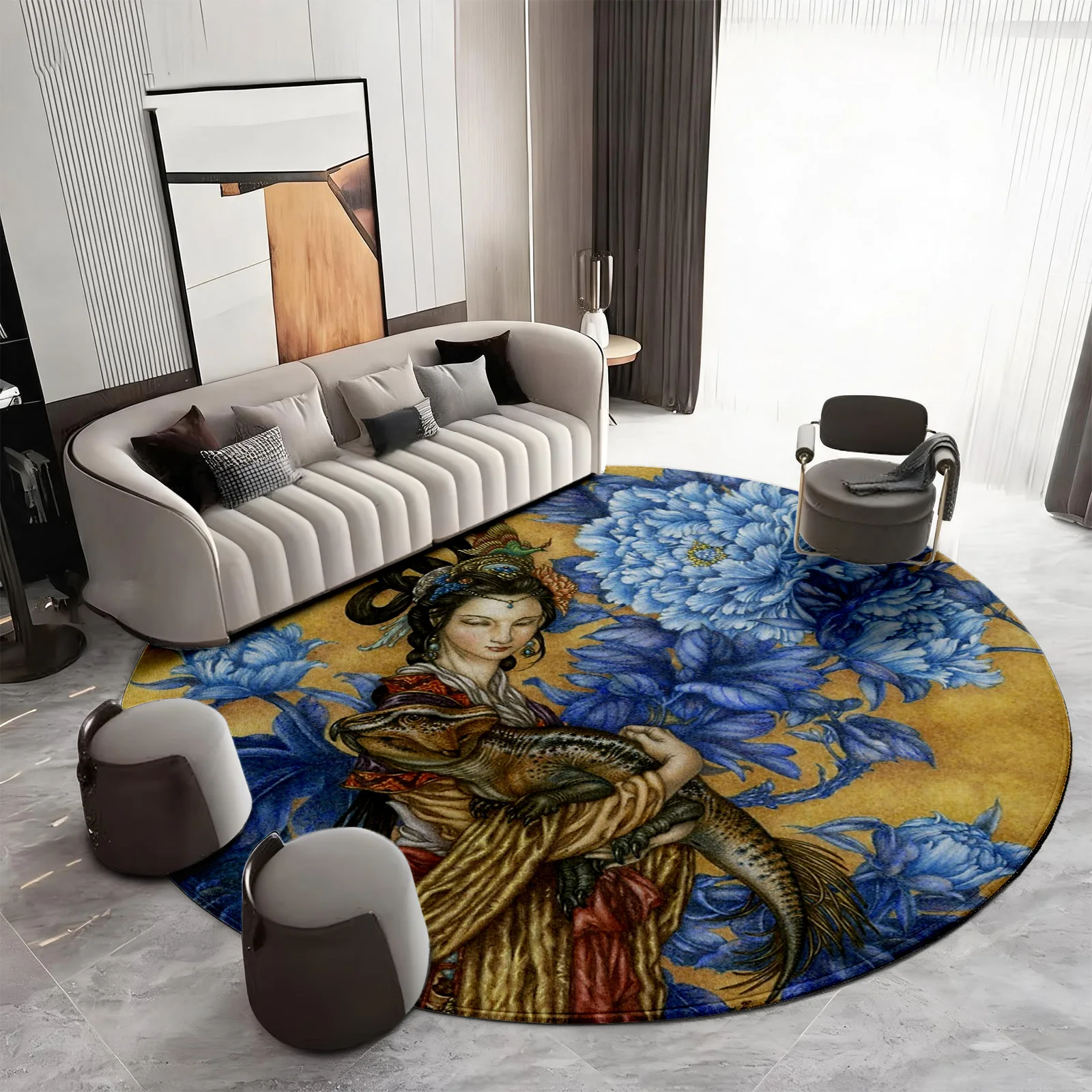 Round Area Rug Bohemian Blue Gold Floral Design Decorative Luxury Vintage Mat for Living Room Floor Decor Accent Rug Style Tapes