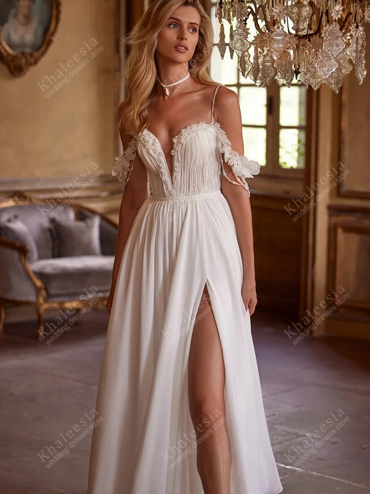 優雅なウェディングドレス A ライン ヴィンテージ ブライダルガウン レース アップリケ オフショルダー ハイスリット Vestidos De Novia カスタマイズ 2025