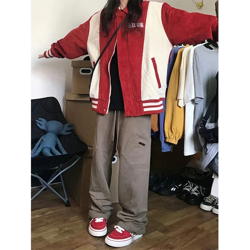 MEXZT Harajuku Baseball Jacket Women Corduroy Patchwork Bomber Jackets Streetwear Oversized Striped Outerwear Vintage Coats New