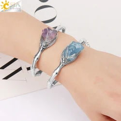 CSJA Natural Stone Cuff Bracelets Women Silver Color Wire Wrapped Irregular Raw Amethysts Aquamarine Crystal Healing Bangle H274