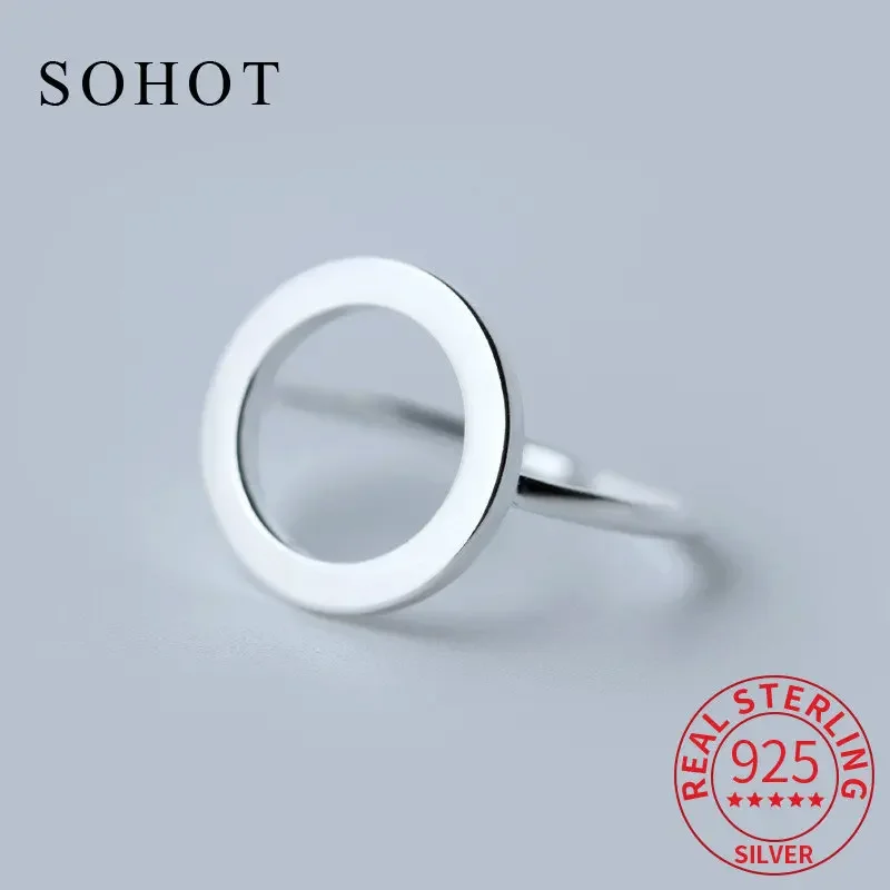 

Fashion 925 Sterling Silver Geometric Hollow Round Adjustable Ring Minimalist Fine Jewelry For Women Party Punk Accessories