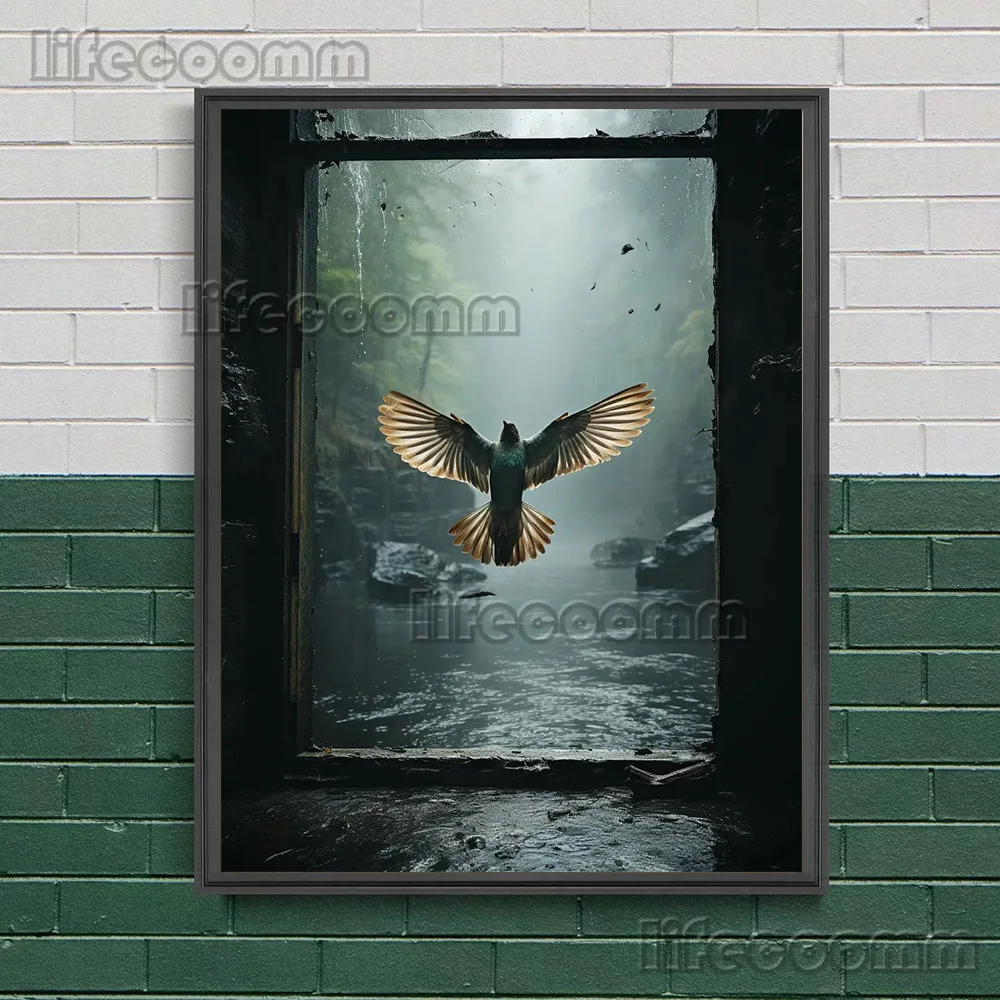 الطيور الطنانة والغربان أمام عتبة النافذة القديمة، لوحة جدارية عتيقة، لوحة قماشية، فن جماليات داكنة، طباعة ملصق، ديكور #2