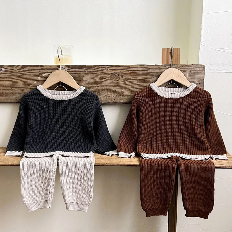 2024 New Autumn Infant Baby Boys Girls Knitted Clothing Set Long Sleeves Pullover Sweater+Pants Children Knitted Clothes Suit