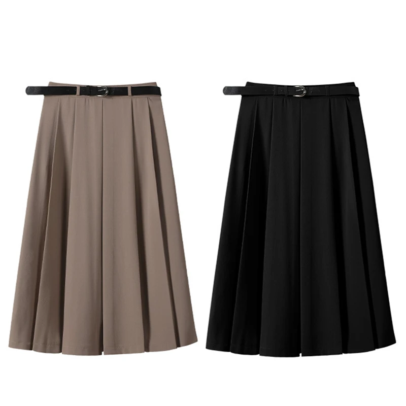 

With Belt Pleated Skirts Women Loose Casual Preppy Style Korean Solid All-match Vintage College Temperament Classic Fashion