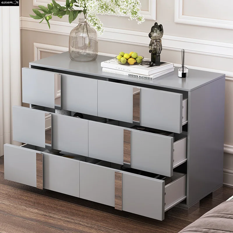 Elegant Modern Dresser with Metal Handle,Mirrored Storage Cabinet with 6 Drawers for Bedroom,Living Room,Grey