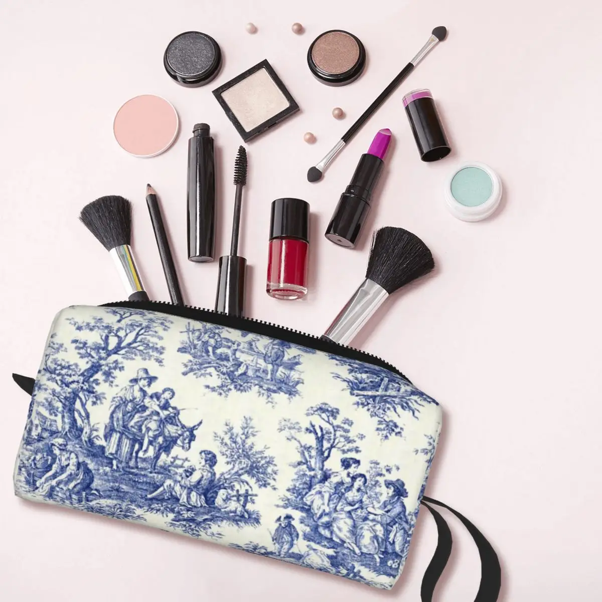 French Navy Blue Toile De Jouy Motif Pattern Travel Toiletry Bag Traditional France Art Cosmetic Makeup Beauty Storage Dopp Kit