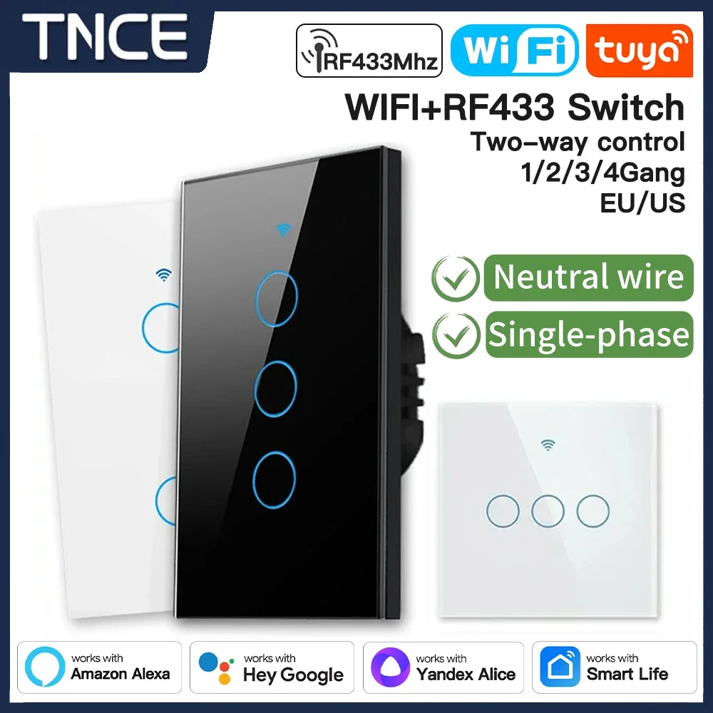 TNCE Tuya Switch WIFI+RF433 US/EU, 1/2/3/4 Gang No Neutral/Wire Wall LED Light Control, Smart life APP, Voice Alexa Google Home