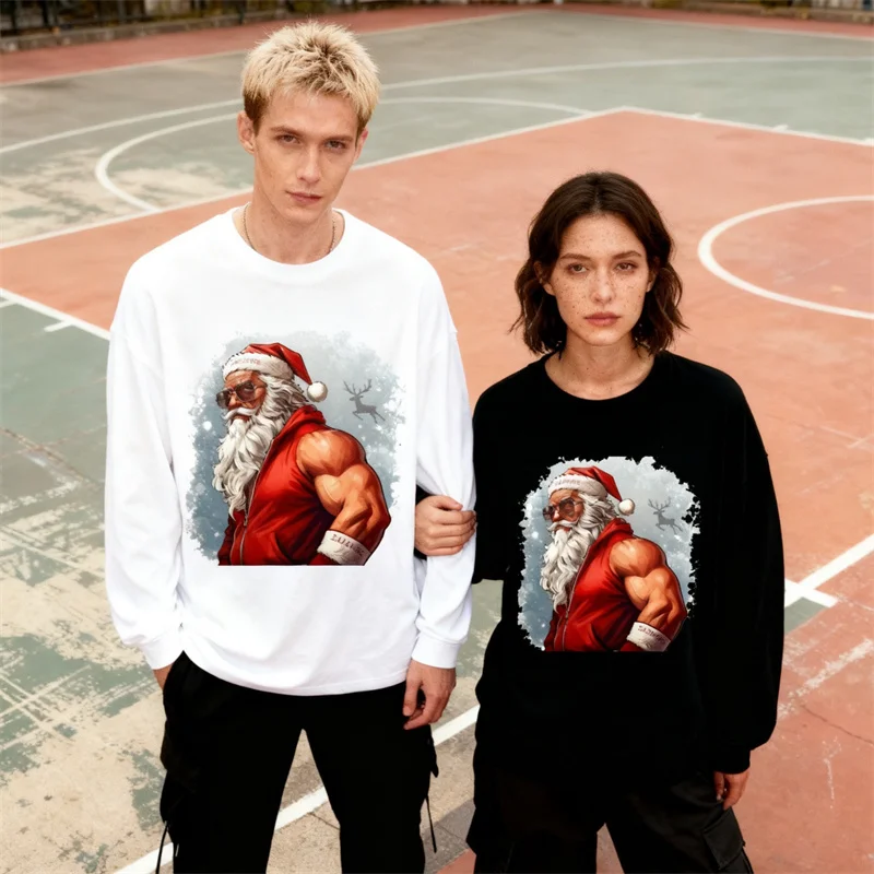 

ZAZOMDE 2025: мужская и женская забавная футболка с принтом Санта-Клауса и лицом, рождественская футболка с длинными рукавами, хлопковый топ унисекс для рождественской вечеринки