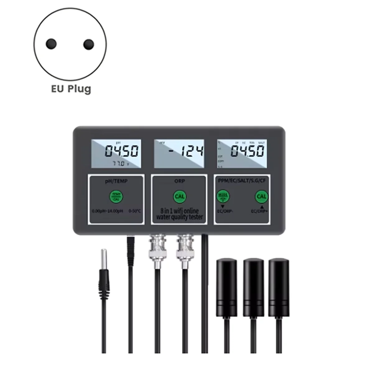 جهاز اختبار جودة المياه 8 في 1pH/ORP/EC/TDS/SALT/S.G // التحكم في تطبيق اتصال WiFi لحمامات السباحة وأحواض السمك بمقبس الاتحاد الأوروبي