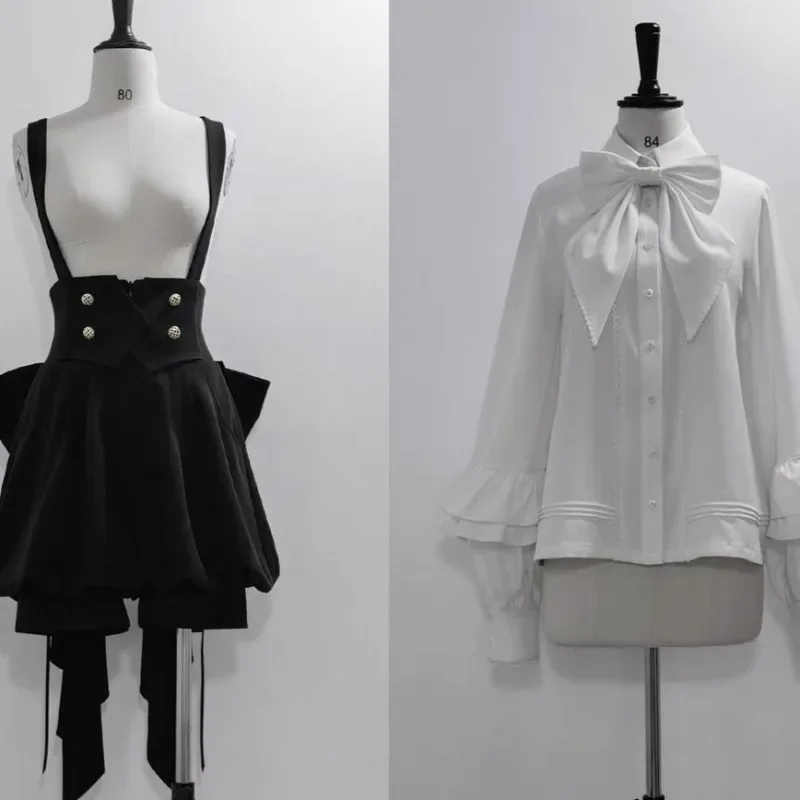 2026 صيف جديد قطعتين مجموعات خمر أنيقة التلبيب الرقبة طويلة الأكمام لوليتا قميص المرأة + Y2k عالية الخصر القوس حزام السراويل