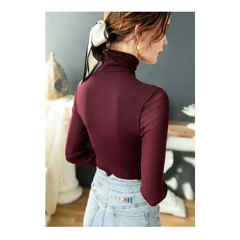 Damska koszulka z golfem, z siateczkowym dołem, w jednolitym kolorze, na wiosnę i jesień, dopasowana, z długim rękawem, modna i uniwersalna.