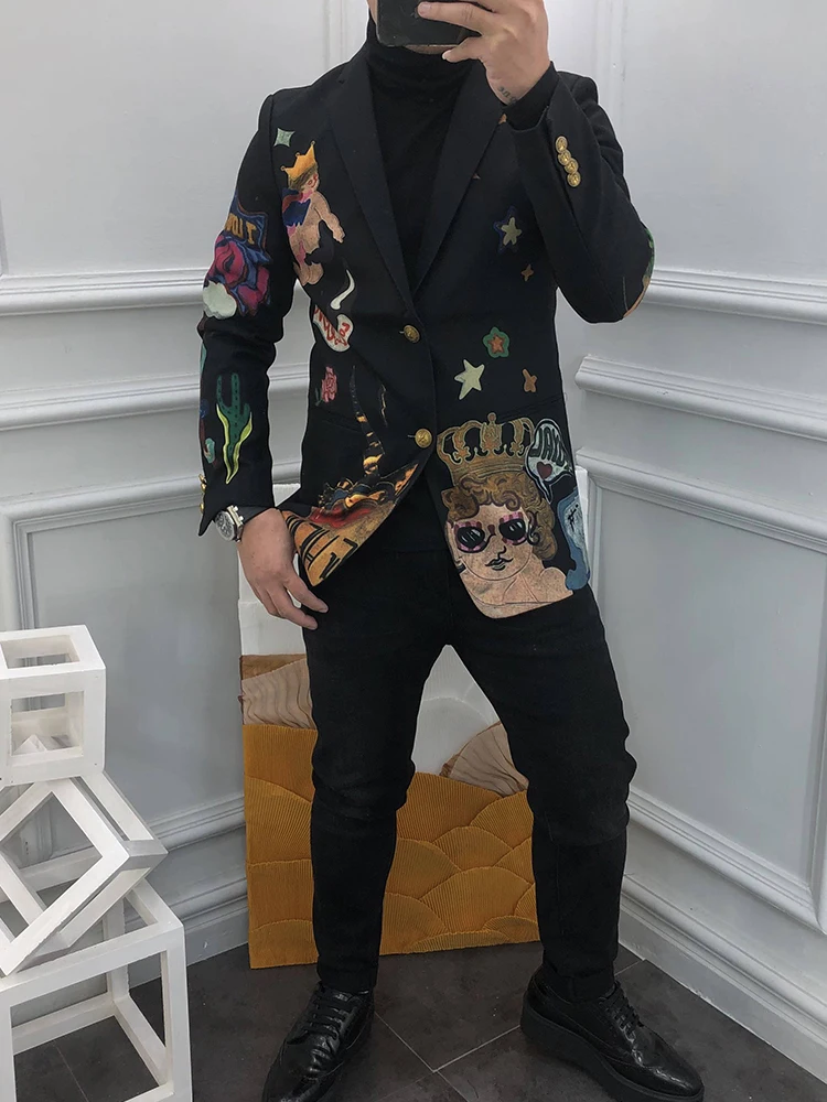 Groom Wedding Party Colorful Floral Printed Casual Blazer Men Slim Fit Single Breasted Suit Coat Office Work Cargo Woolen Jacket