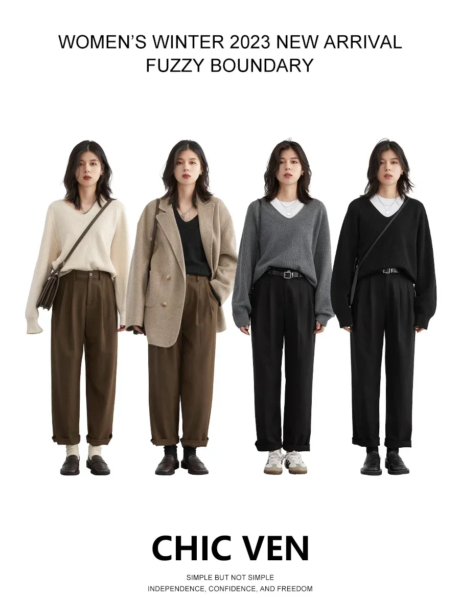 CHIC VEN-Calça casual plissada de cintura alta feminina, calça de terno senhora do escritório, monocromática, coreana, nova, outono, inverno, 2022