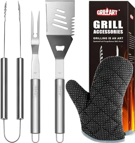 

Набор для барбекю GRILLART 3PC с лопаткой, щипцами, вилкой и перчаткой - инструменты для гриля из нержавеющей стали для приготовления на открытом воздухе, подарок для папы
