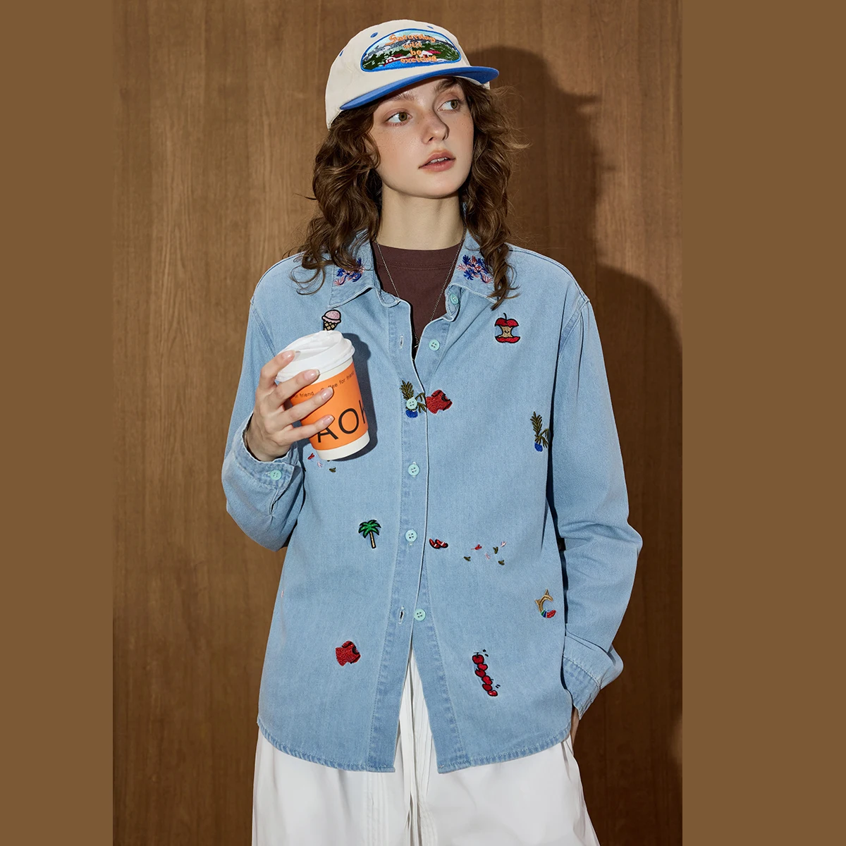 

Women's Playful Color Block Shirt Embroidery Doodle Denim Top Youthful Long Sleeve Blouse Print Whimsical Ruffle Trim