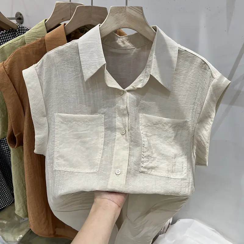 

Summer New Sle Women's Collar Loose Thin Cotton Polyester Blend Pure Color Top Trendy Commute Wear