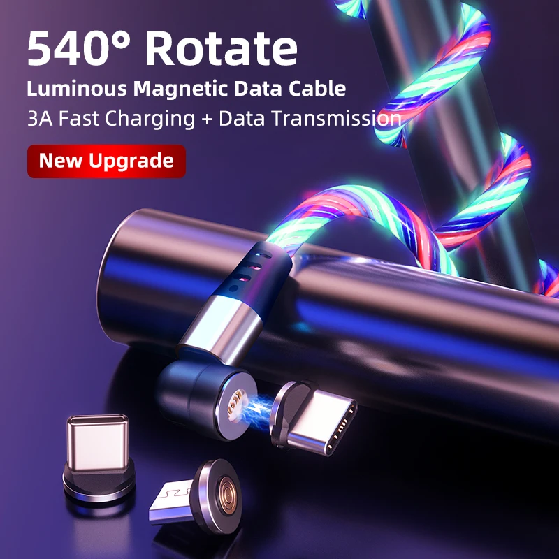 LED Flowing Light 540 Degree Rotating 3 in 1 Magnetic Fast Charging Data Cable Charger PD 60W 3A Micro USB Type C for Iphone