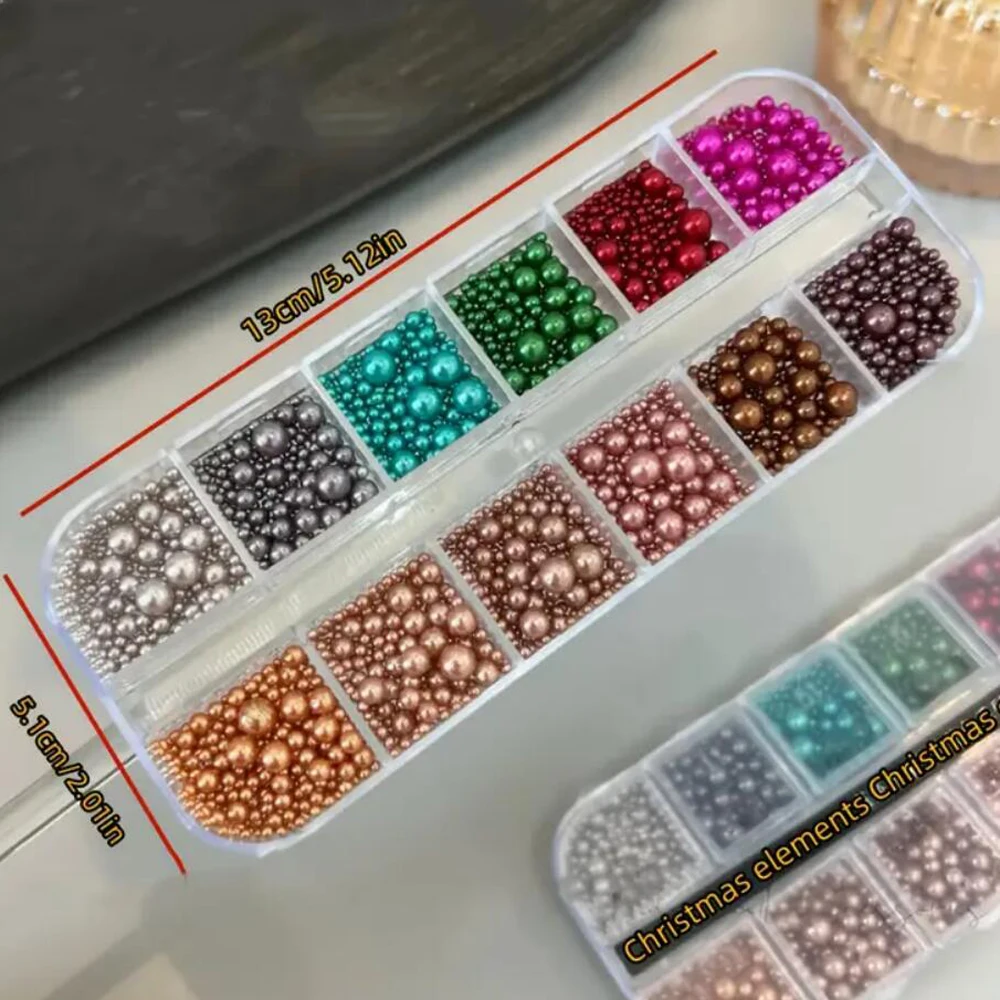 2 cajas de perlas 3D, decoraciones navideñas para decoración de uñas, cuentas coloridas mezcladas, Caviar redondo blanco, diamantes de imitación para uñas, corona navideña, piezas para uñas