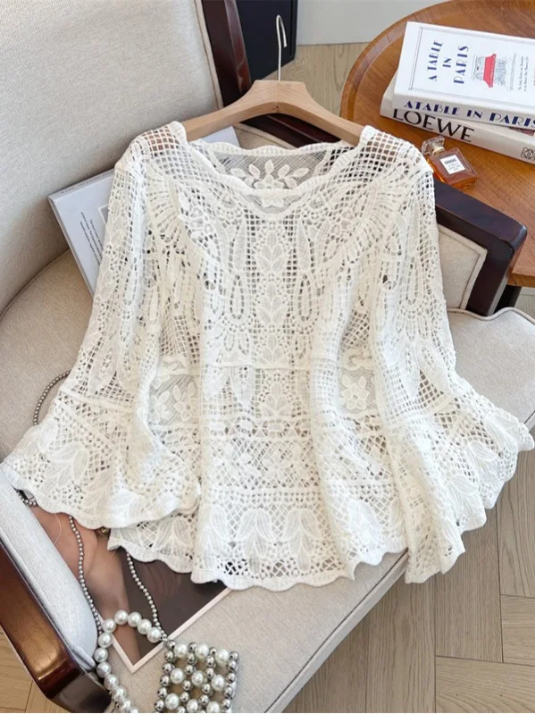 Stunning Lace irt Long Sve Hollow out Beautiful Belly Covering Bell Sve Cover up Top for plus Size Women Summer New A...