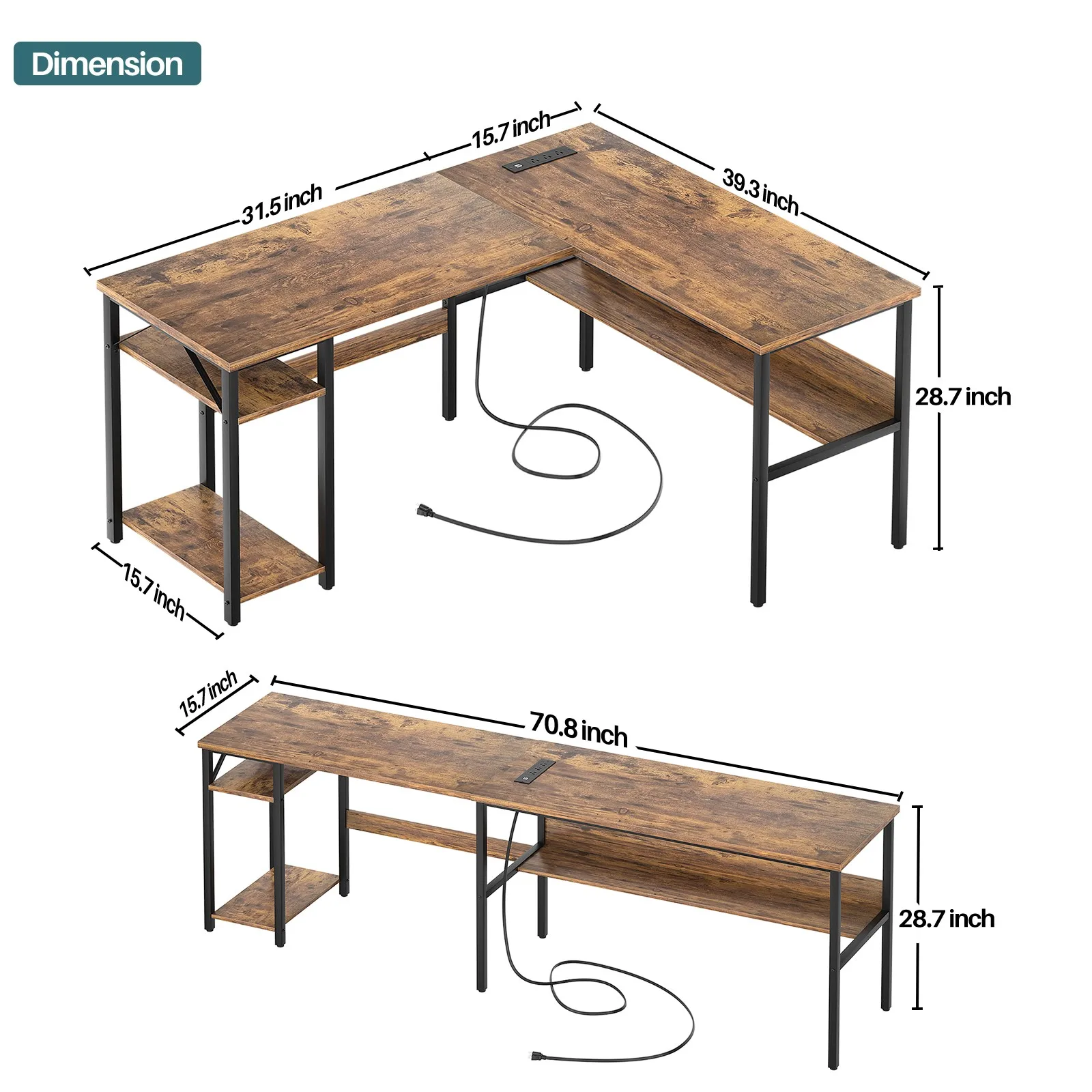 Computer desksL shaped desk with power outlets and storage shelf computer desk for gaming study home office workspace modern