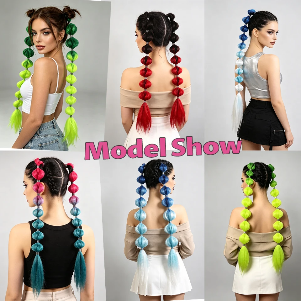 Synthetic Color Matching Silver Buckle Bubble Ponytail Braid Hair Accessory Suitable for Daily Holiday Wear By Women and Childre