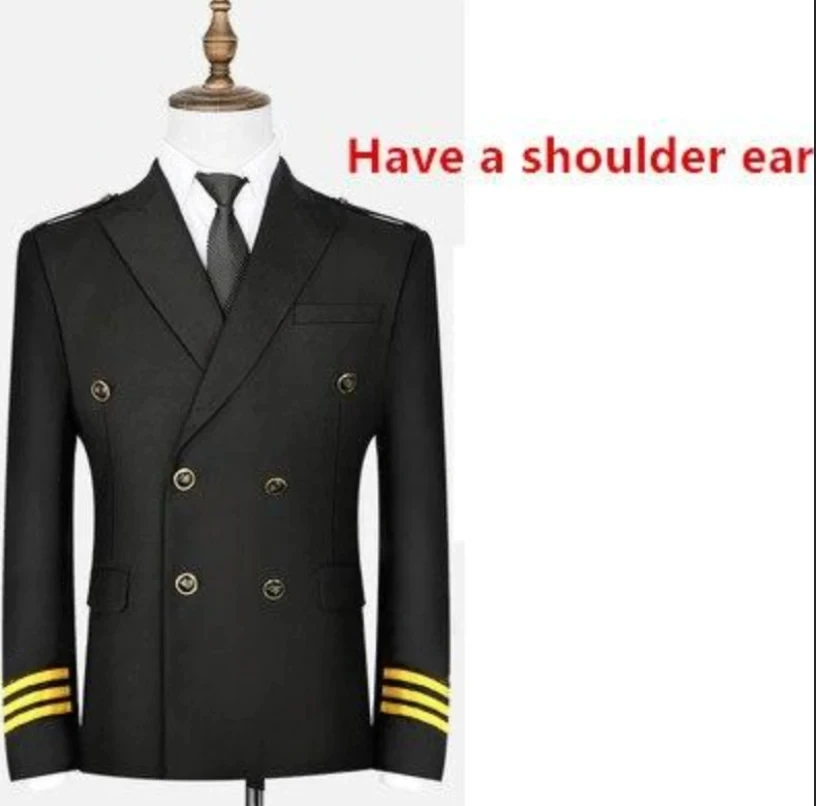 Men\'s 3 Lines Airline Pilot Suit Jackets Uniforms Hair Stylist Black Navy Blue Suit Coat Workwear Big Size Male