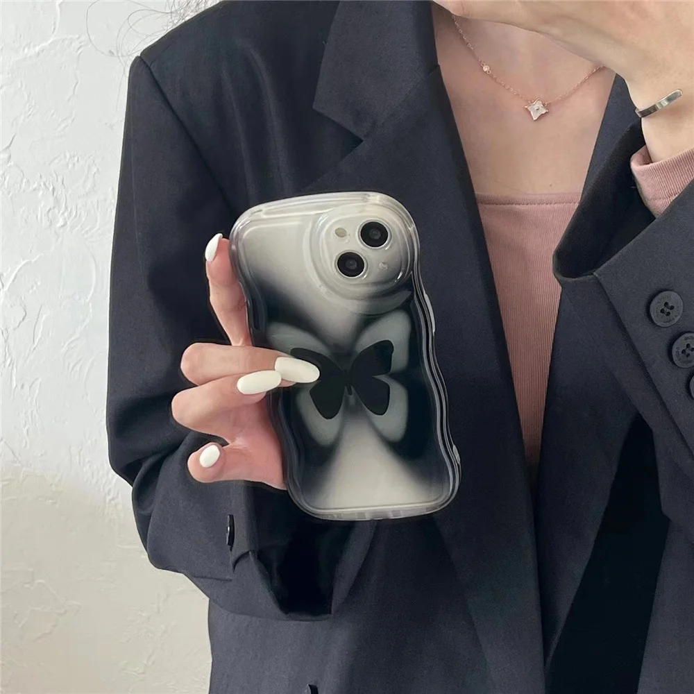 Capa de telefone macia clara para iPhone, pulseira de corrente borboleta preta bonita, capa protetora para iPhone 12, 11, 13, 14 Pro Max, 13Pro Max, Coréia