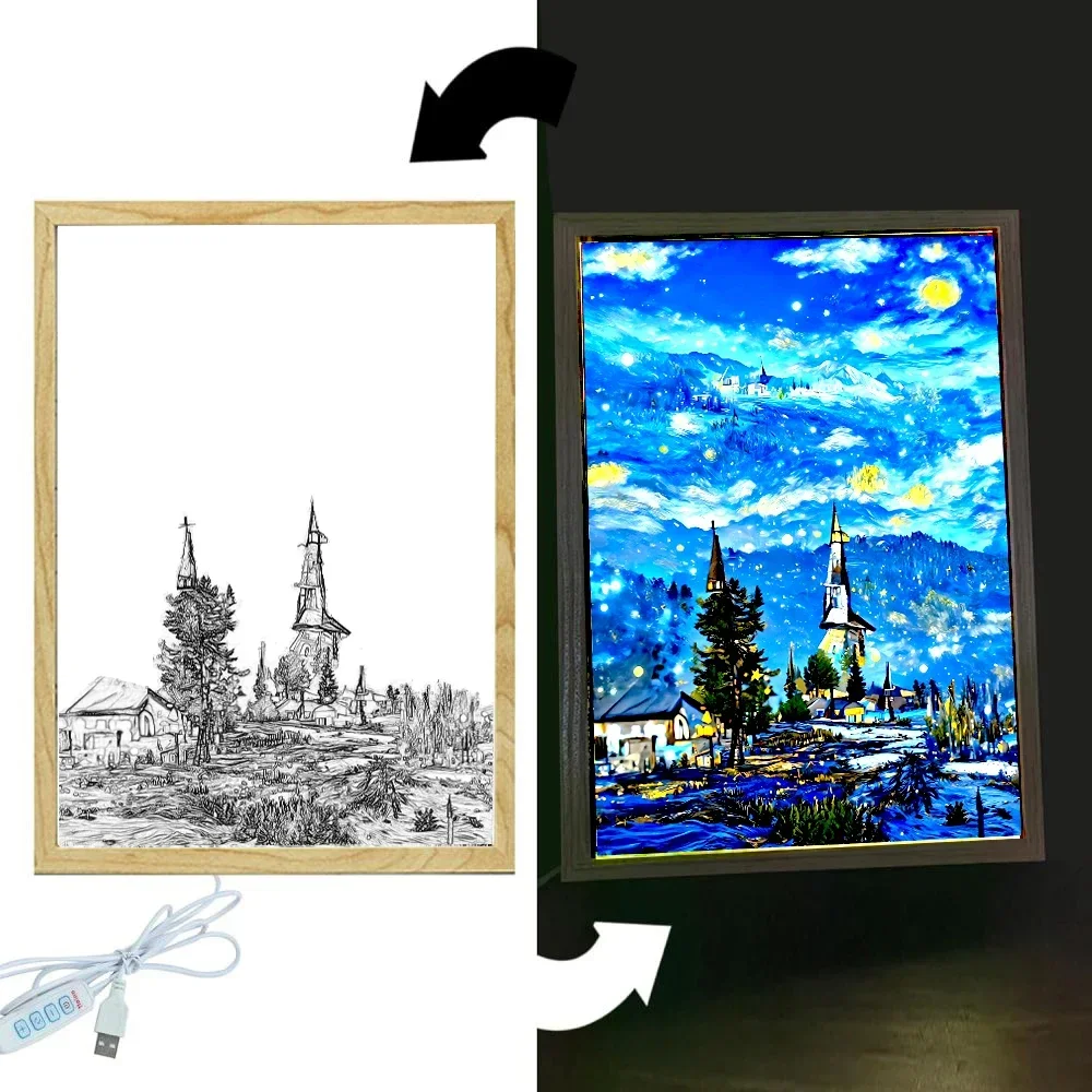 Light Painting Picture Frame Led Night Light Moon Lamp Van Gogh Starry Sky Wall Art Oficina Bedroom Home Room Decor Friend Gifts