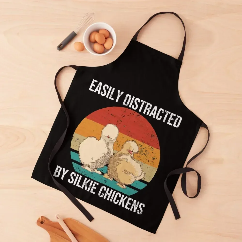 

Silkie Chicken Retro Cute Chick Easily Distracted By Silkie Chickens Gift Apron japanese style Kitchen Tools Accessories Apron