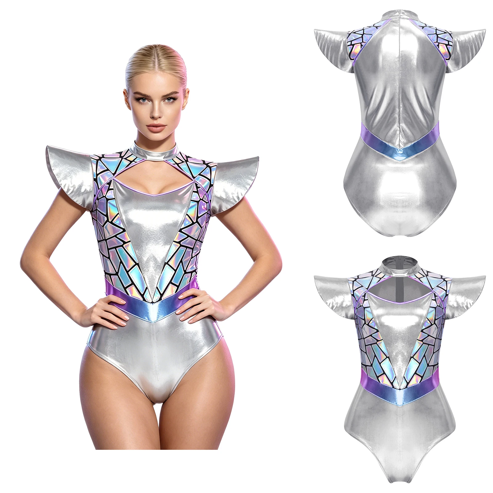 Women Ballet Dance Gymnastics Leotard Halloween Alien Robot Cosplay Costume Gradient Cutout Fly Sleeve Metallic Shiny Bodysuit