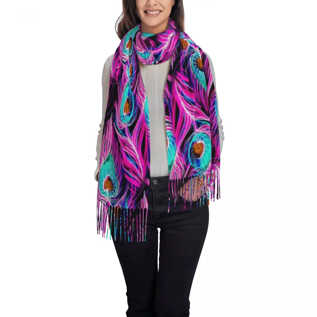 قوس قزح الطاووس ريشة سلس نمط وشاح شرابة الأوشحة للنساء شالات دافئة لينة ويلتف كبير الخريف الشتاء شال التفاف