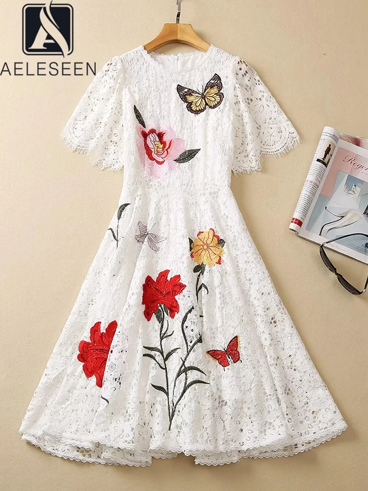 

AELESEEN High Quality Women Lace Dress Designer Summer Short Sleeve White Flower Embroidery Luxury Knee-lenght Party Holiday