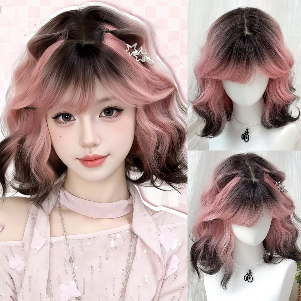 黒のオンブレピンクコスプレウィッグ、耐熱性ショートウェーブ合成ウィッグ、前髪付き、自然なふわふわフェイクヘア、ロリータウィッグ（女性用）