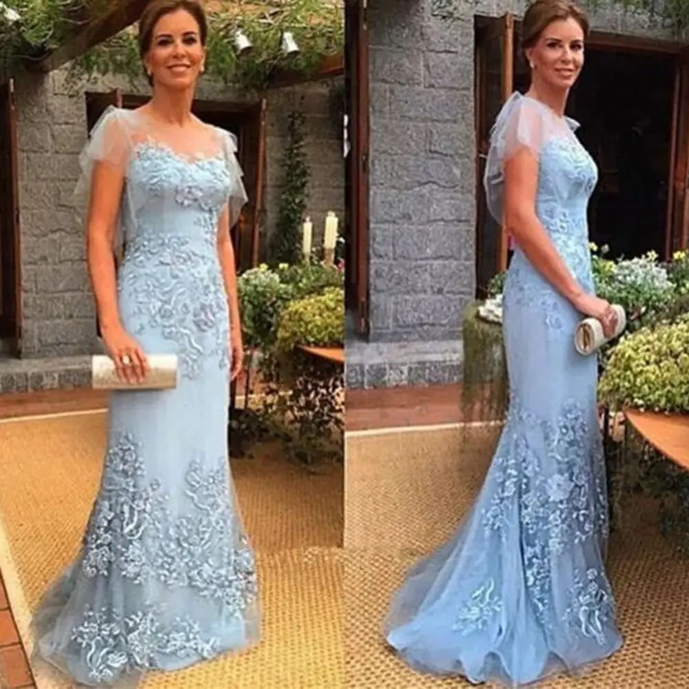 

2022 Blue Mermaid Mother Evening Dress Elegant Plus Size Mother of the Bride Dress Lace Applique Tulle Mother Gowns For Wedding