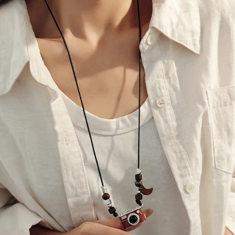 Vintage Bohemian Camera Shape Pendants Necklaces for Women Brown Color Moon Black Artificial Leather Long Sweater Chain Winter