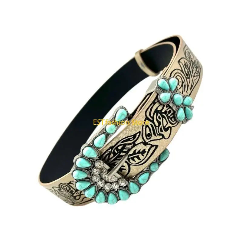 Y5GC Bohemian PU Belt Woman Waist Decors Pants Belt Embossing Pattern Jeans Waistband