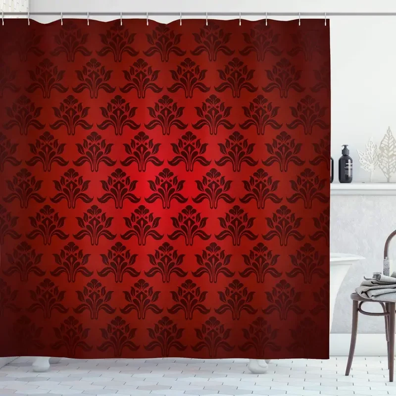 Maroon Shower Curtain Classical Antique Pattern Baroque Damask Motifs Curves Renaissance Revival Fashion Fabric Bathroom Decor