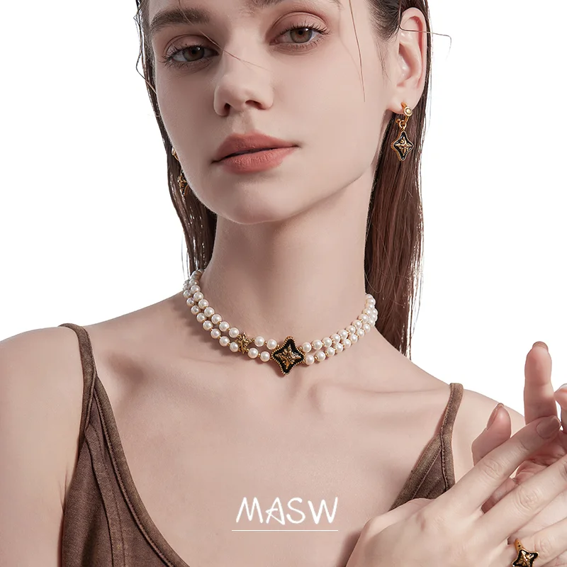 MASW Original Design Fashion Jewelry Senior Sense Two Color Star Simlated Glass Pearl Choker Necklace For Women Girl Gift
