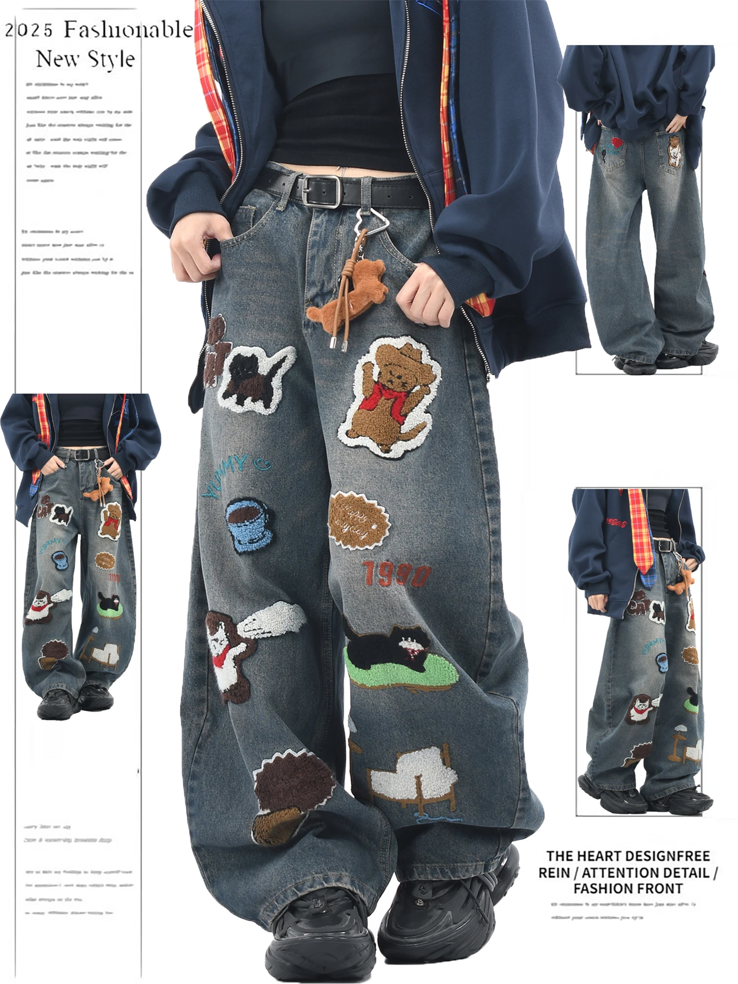 

Y2K Women's Vintage Washed Wide Leg Jeans Cartoon Animal Embroidery Patchwork Loose Fit Denim Pants Streetwear Trousers