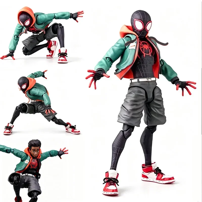 Figura de acción articulada de Miles Morales de «Into The Spider‑Verse», con capucha desmontable, kit de auriculares y múltiples formas de manos intercambiables.