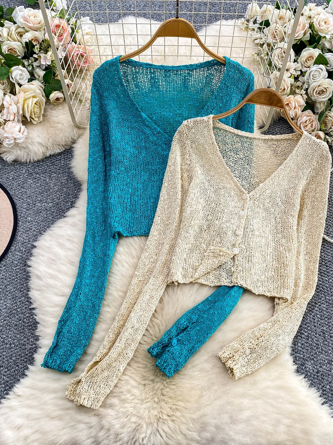

2025 New Hollow out Knitted V-Ne Long Sve Women's Outerwear ort Slimming Fit with Strap Top UV Protection Faionable ...