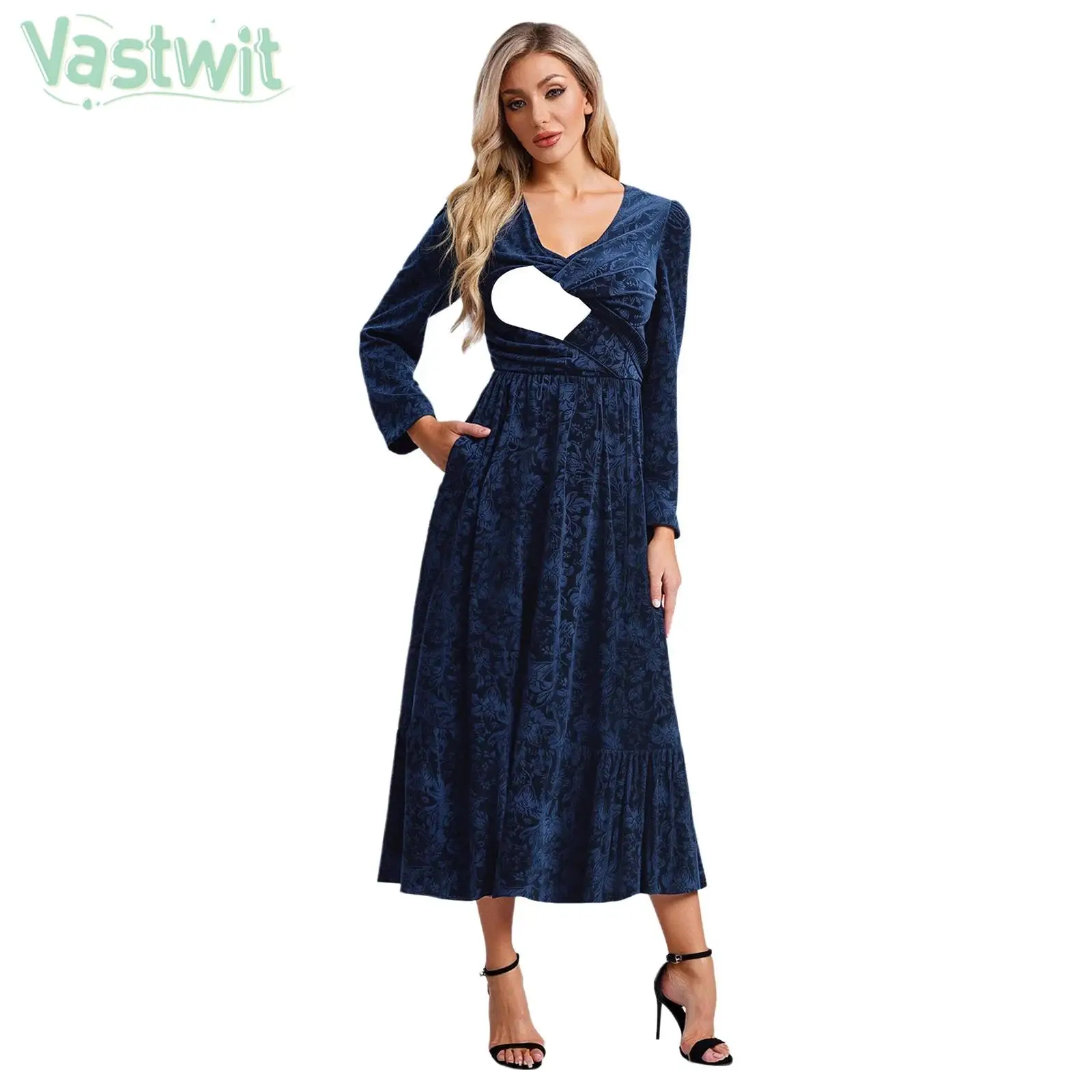 

Женское бархатное платье с длинным рукавом и v-образным вырезом на эластичной талии с цветочным принтом для кормления грудью, свадьбы, дня рождения, банкетов, макси-платья