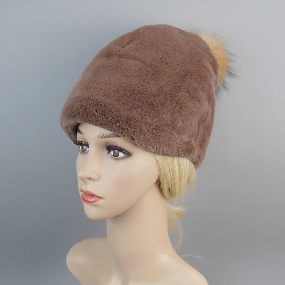 Winter Women Warm Soft Genuine Rex Rabbit Fur Cap + Silver Fox Fur Ball Knitted Real Fur Caps Lady Natural Rex Rabbit Fur Hat