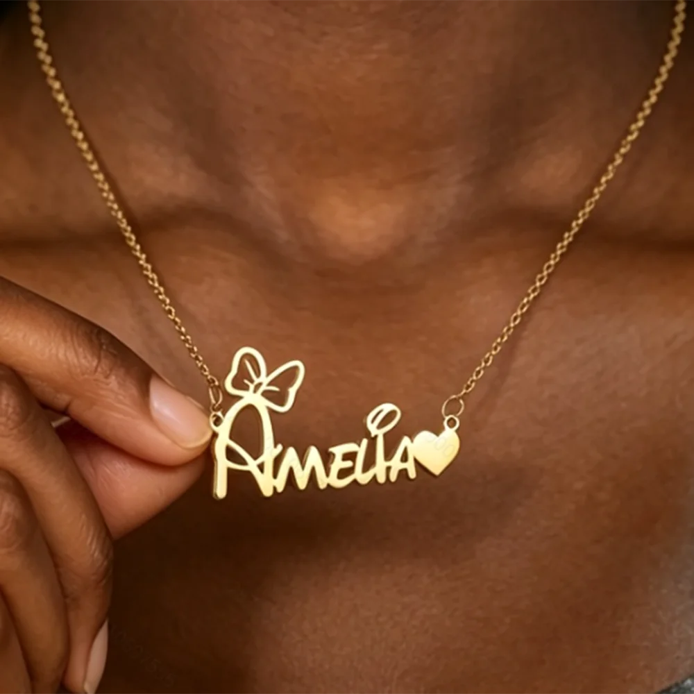 

Custom Elegant Charm With Heart Name Bow Necklace For Women Girls Birthday Personalized Stainless Steel Christmas Jewelry Gift