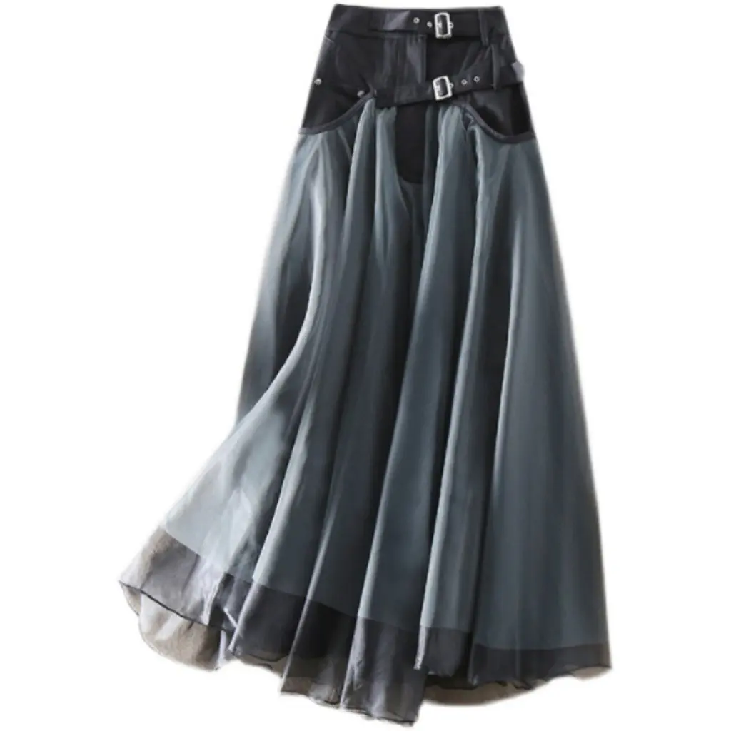 

Japanese Korean Style High Waist Mesh Skirt Spring Autumn Mid-Length A-Line Swing Skirt for Women