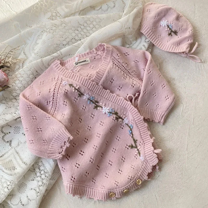 2024 New Autumn Winter Toddler Baby Girl Knitted Romper+Hat Long Sleeved Flower Embroidery Infant Baby Knitted Jumpsuit