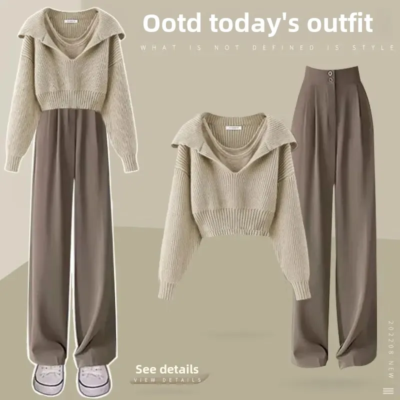 Autumn Tender Matching Women's New 2024 Stylish Casual Small Vest Knit Sweater Bell Bottoms Three-piece Suit