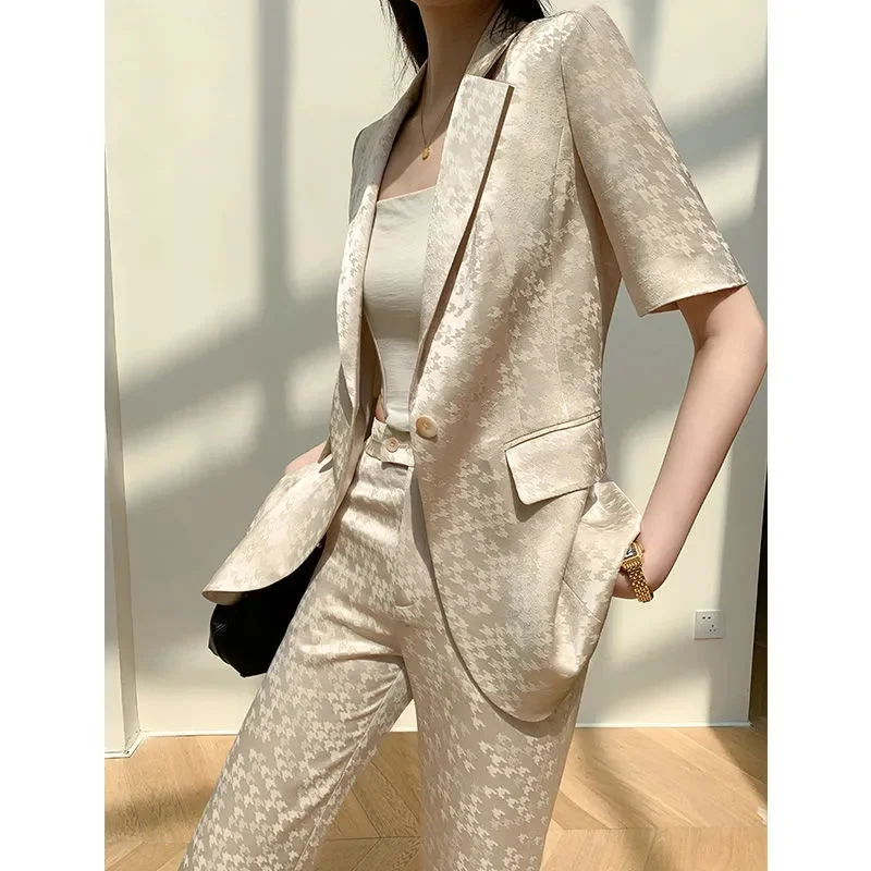 Jacquard Fabric Suit Set Women's Summer Thin Professional High end Commuting British Style Royal Sister Acetic Acid President