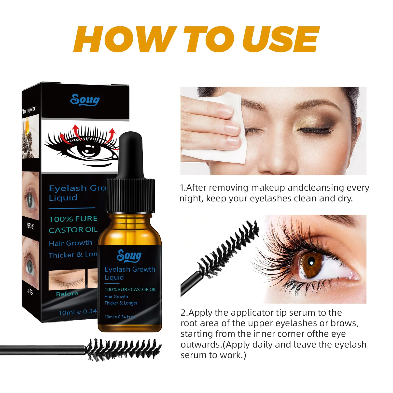 Pure Castor Oil Wimpergroei Serum - Hypoallergeen en oftalmoloog getest, voedende wimperolie voor gevoelige ogen